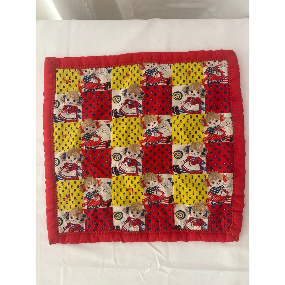 Vintage Raggedy Ann Style Quilted Doll Blanket Red Yellow Patchwork 17.5x17.5